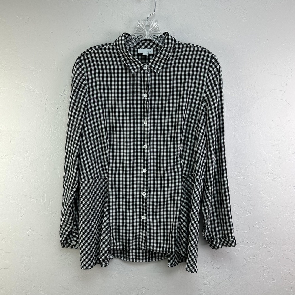 J. Jill Shirt Womens Medium Black White Gingham Button Front Rayon Peplum Swing